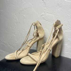 Chic Beige Lace-Up Block Heels